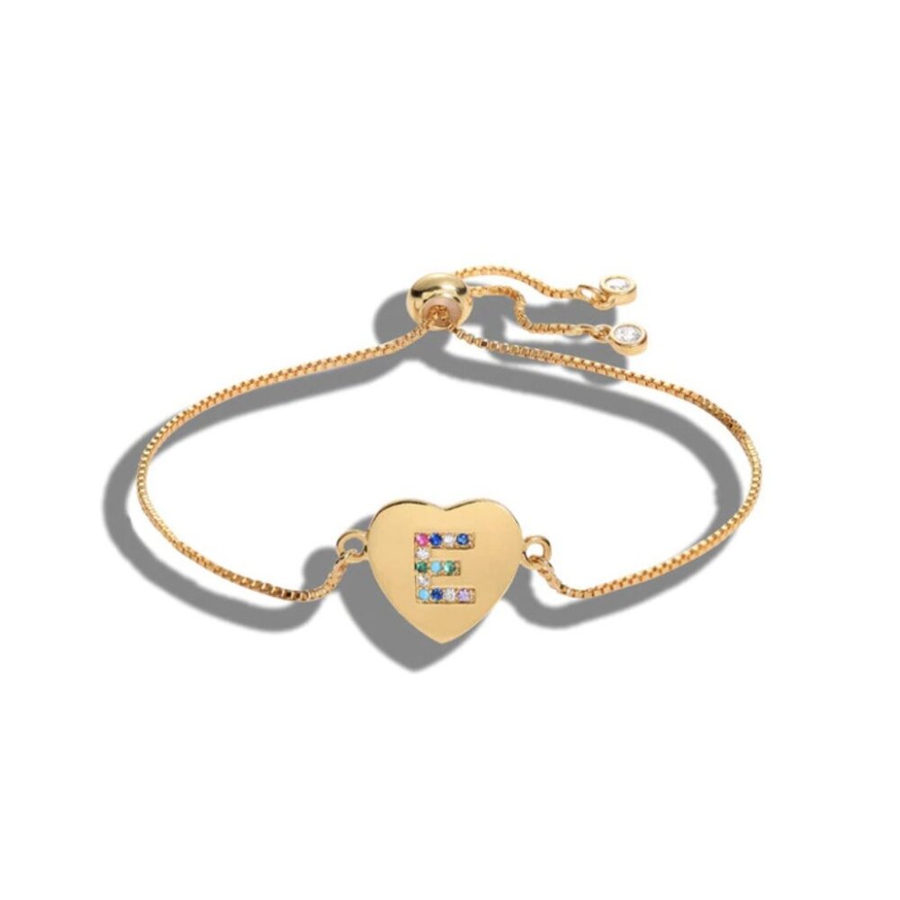 Letter "E" Initial Heart Yellow Gold Bracelet